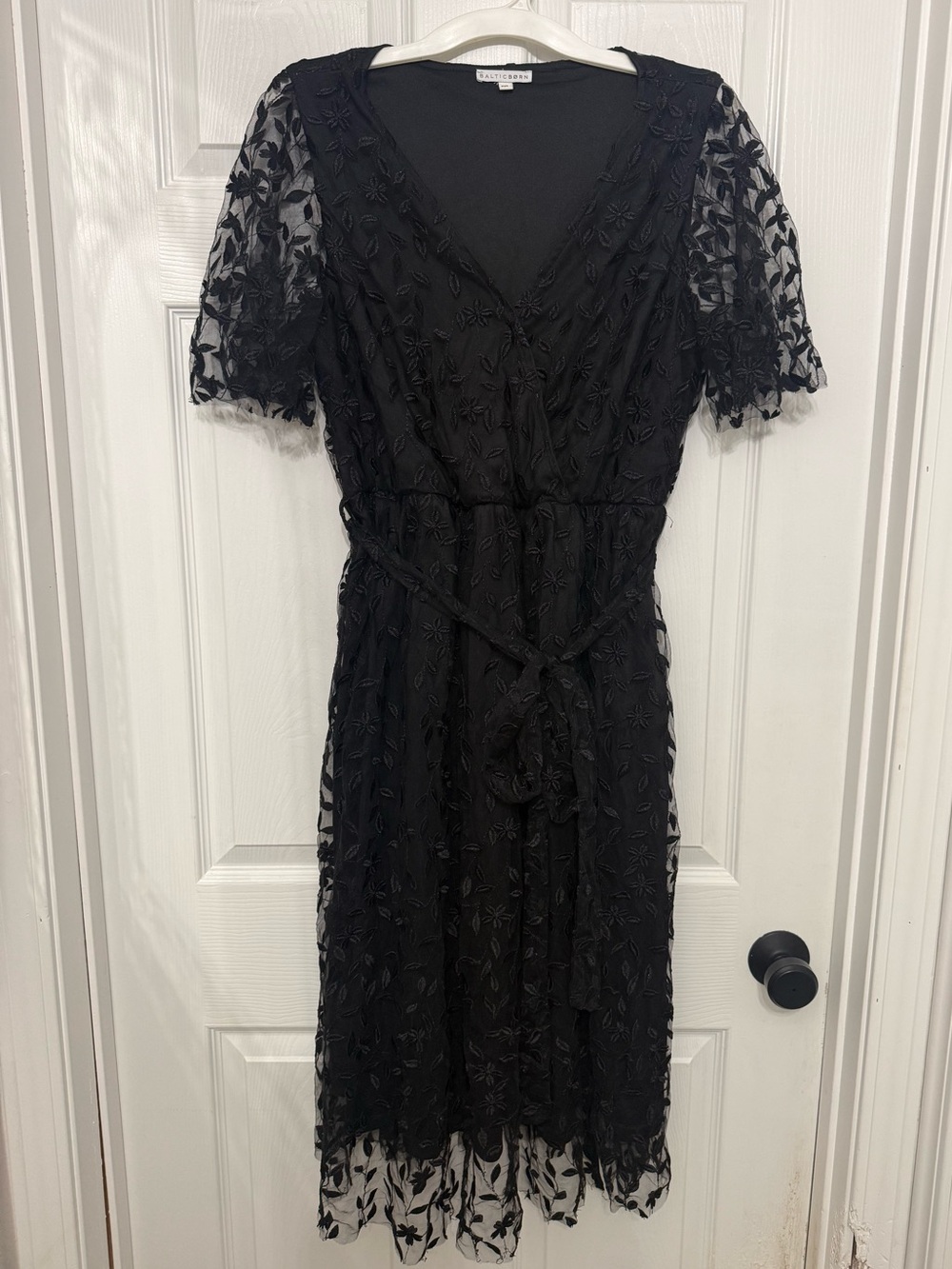 Baltic Born Black Embroidered V-Neck Midi Dress with Tie Waist - Picture 1 of 4